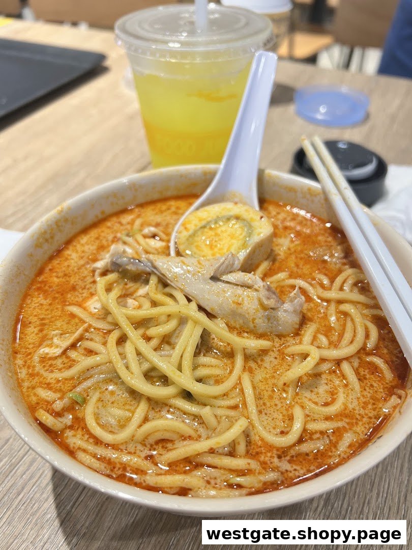A vibrant bowl of laksa noodles with chicken and a drink on a table.