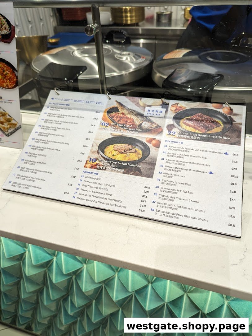 A detailed menu board displaying various Korean hot plate dishes, bibimbap, and rice dishes with prices.