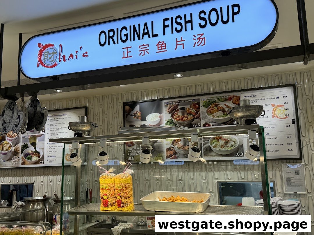 A food stall counter at Food Junction featuring a prominent 'Original Fish Soup' sign and various menu items.