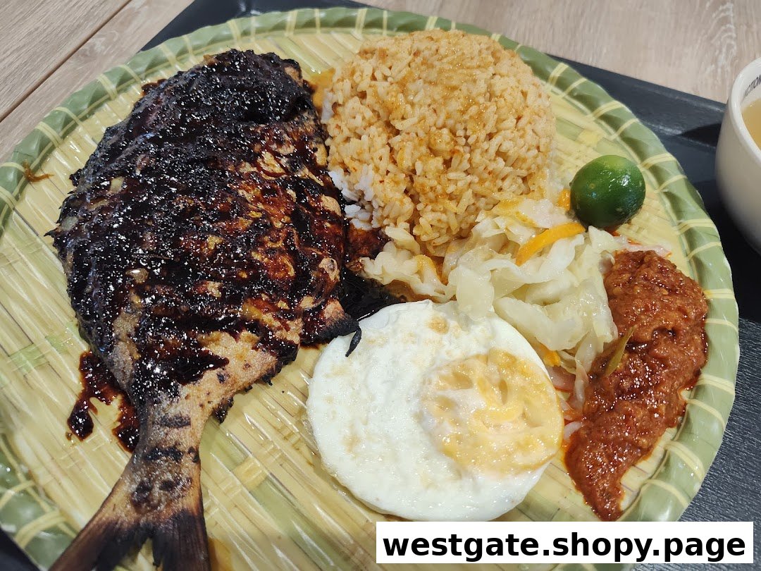 A delicious plate featuring grilled fish, spiced rice, fried egg, and sambal.