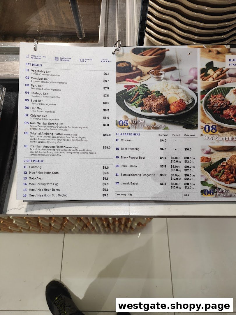 A detailed menu board displaying various Indonesian and Malay set meals, a la carte meats, and light meals with prices.