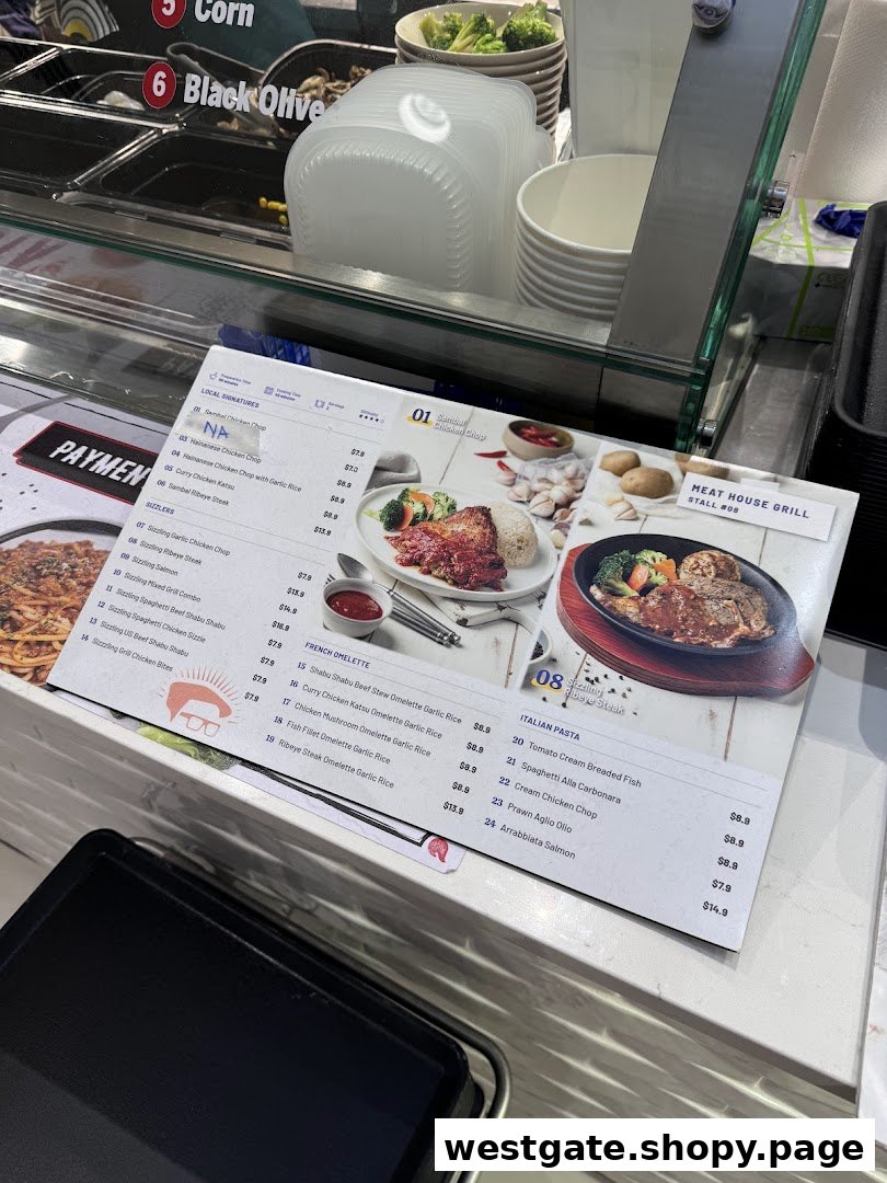 A detailed menu for Meat House Grill at Food Junction, showcasing various dishes and prices.
