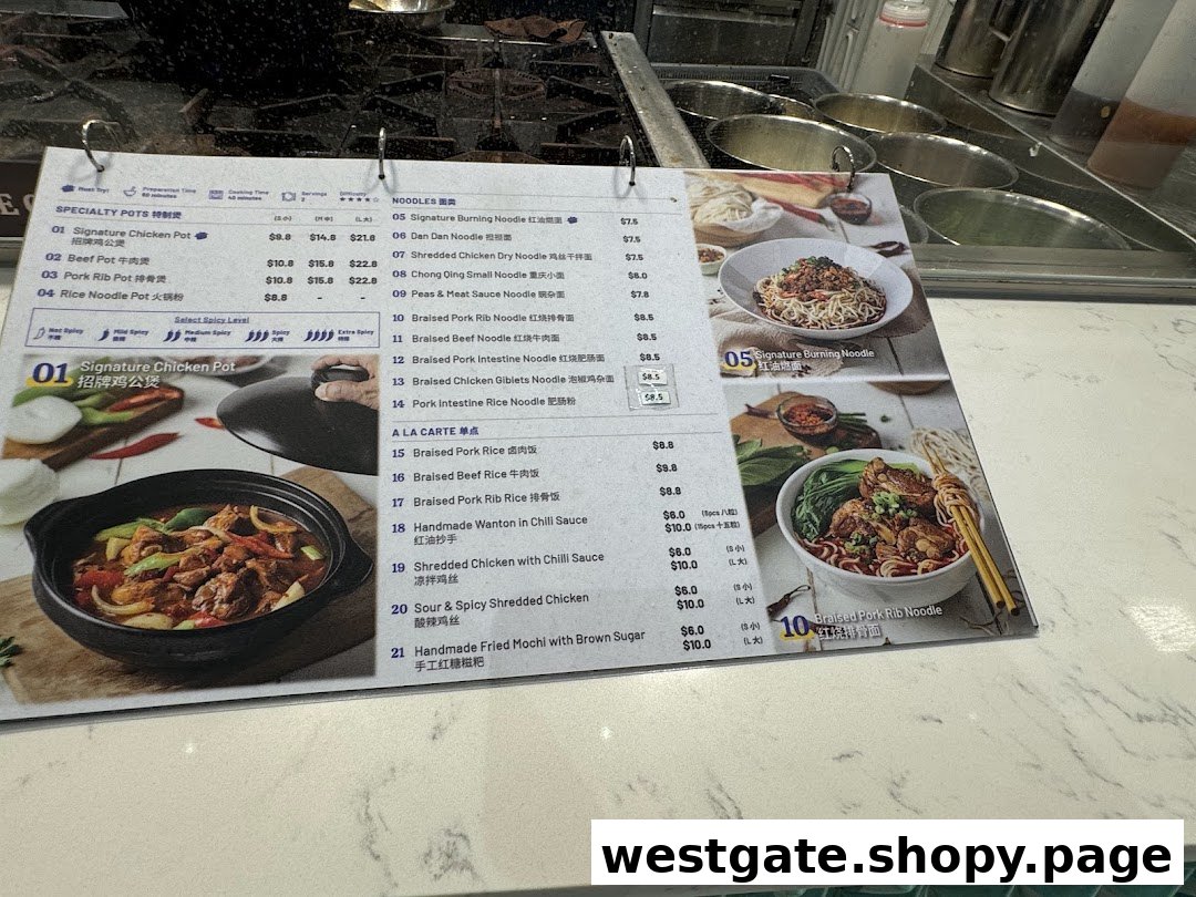 A detailed menu board displaying various Chinese specialty pots, noodles, and a la carte dishes.