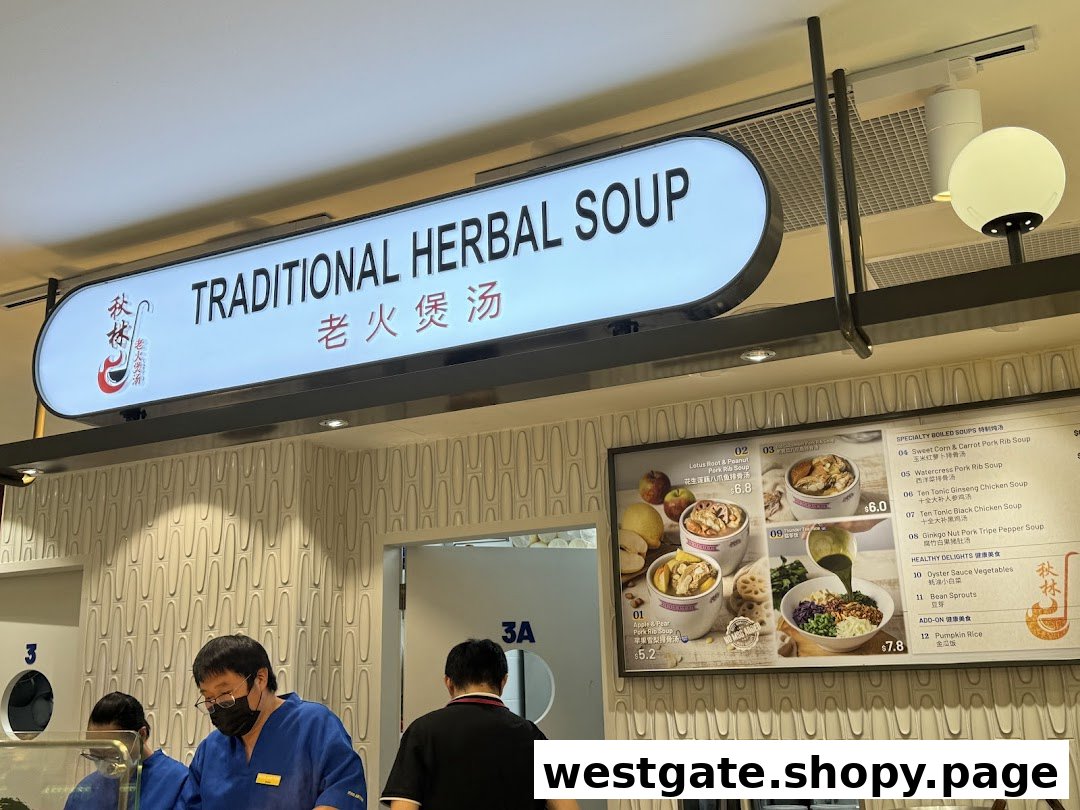 A stall named Traditional Herbal Soup with staff and a menu board displaying various healthy soups and dishes.