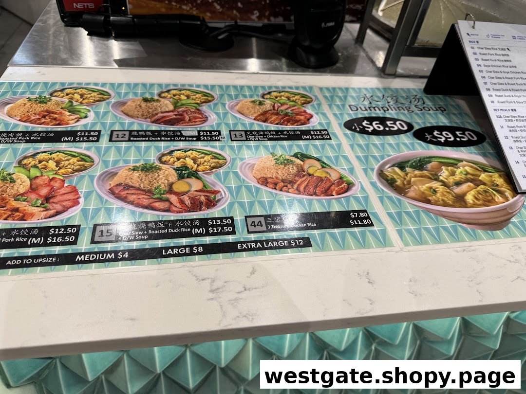 A vibrant menu board displaying various roasted meat and dumpling soup rice sets with prices.