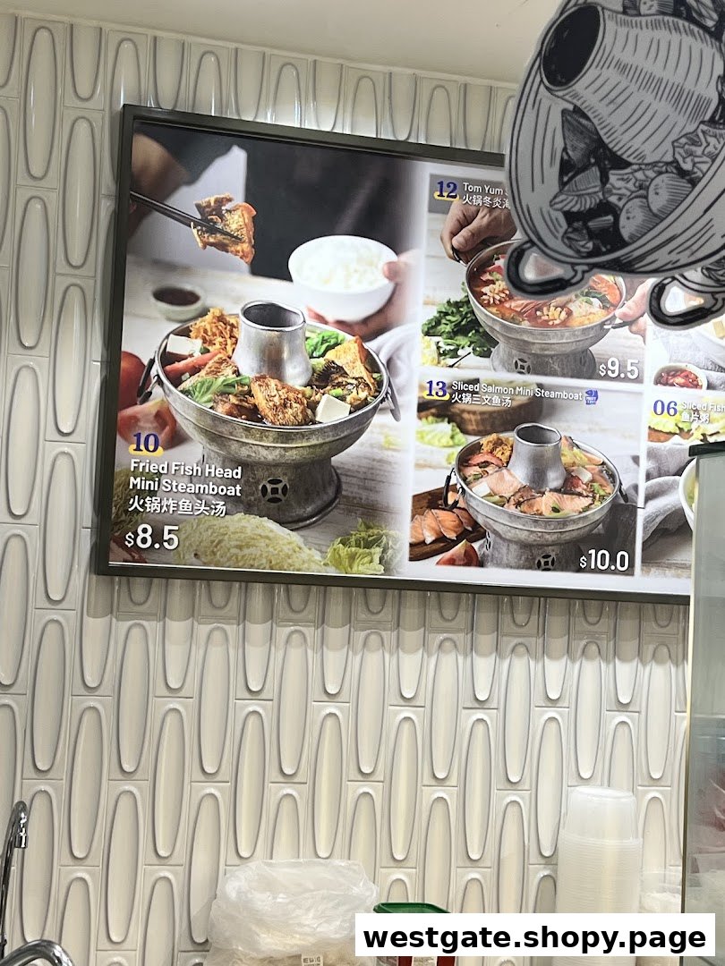 A close-up of a menu board displaying various steamboat dishes with prices at Food Junction.