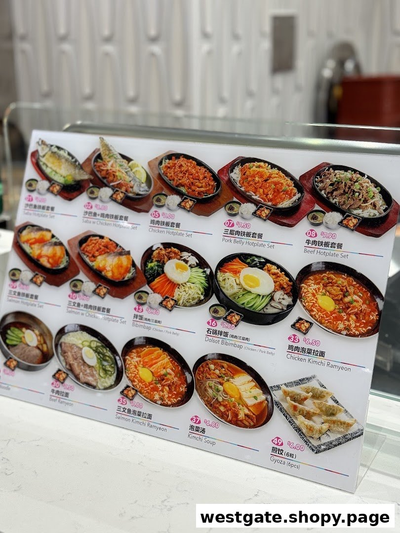 A vibrant menu display showcasing various hotplate sets, bibimbap, ramyeon, and gyoza.
