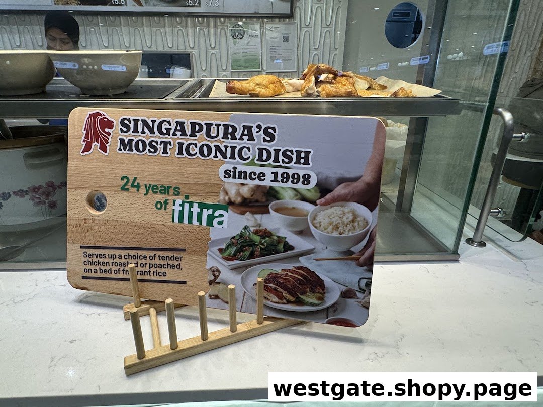 A promotional sign for an iconic chicken dish at a food stall, featuring roasted chicken.