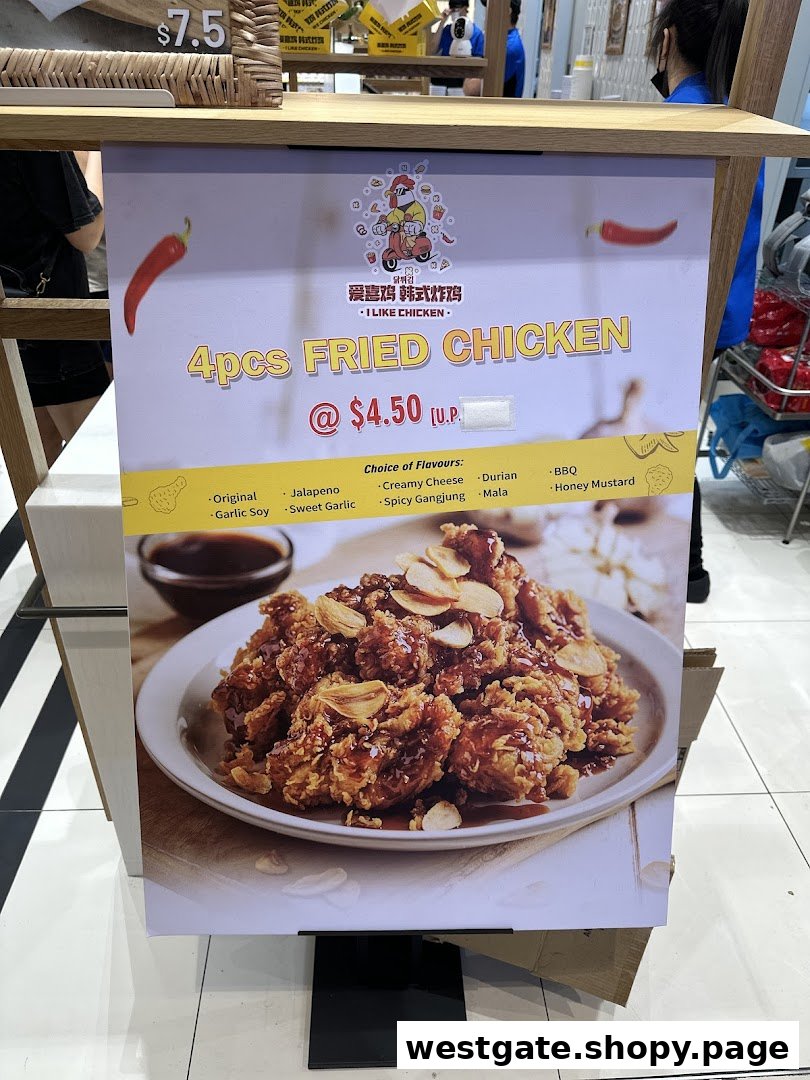 A promotional stand for 'I Like Chicken' featuring 4pcs Fried Chicken with various flavors.