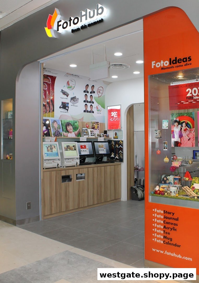 The FotoHub shop front displays photo printing services, self-service kiosks, and personalized photo products.