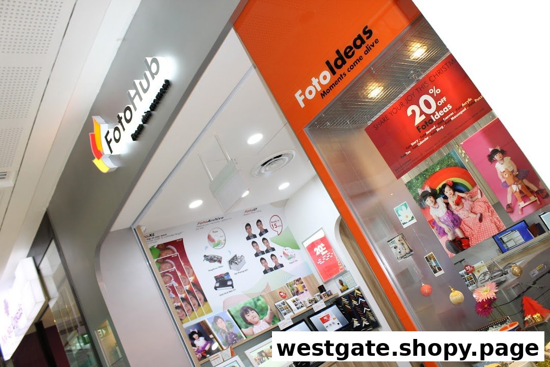The image shows the vibrant orange and white storefront of FotoHub, a photo printing and personalized gift shop.