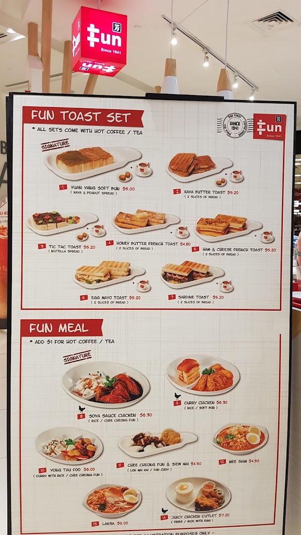 A detailed menu board for Fun Toast, showcasing their toast sets and meal options with prices.