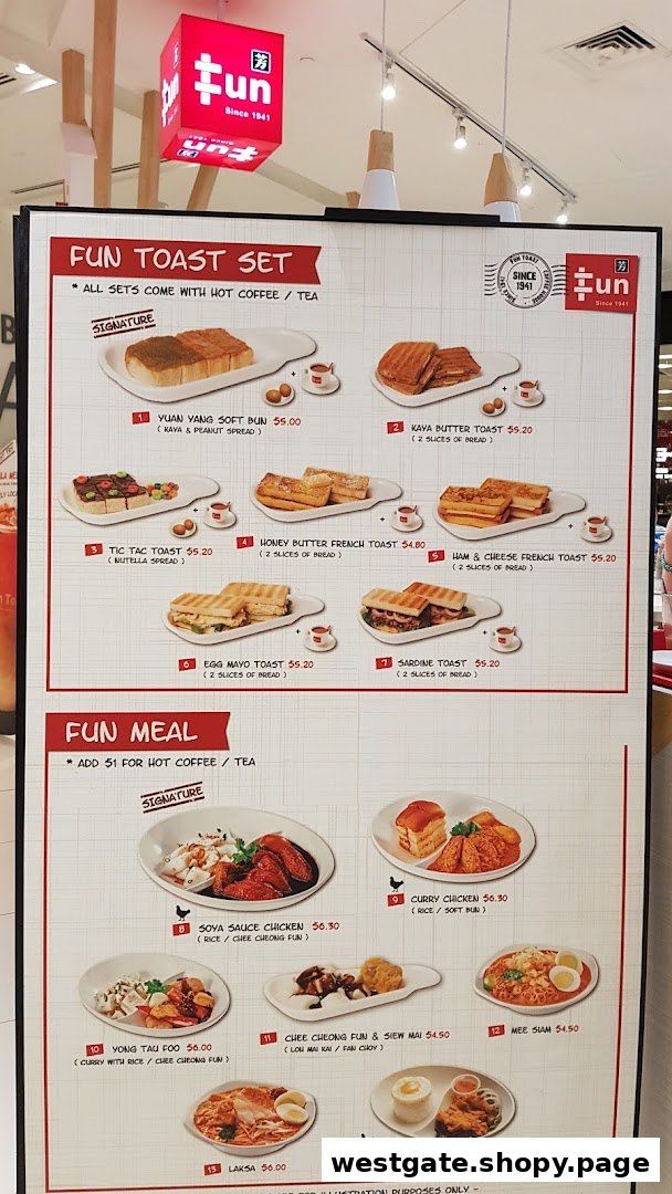 A detailed menu board for Fun Toast, showcasing their toast sets and meal options with prices.