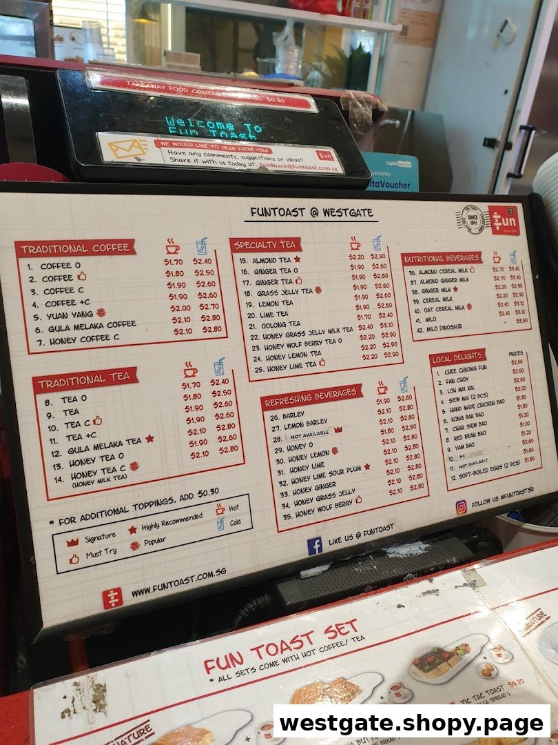 A comprehensive menu board for Fun Toast, showcasing a wide array of traditional beverages, specialty teas, and local delights with prices.