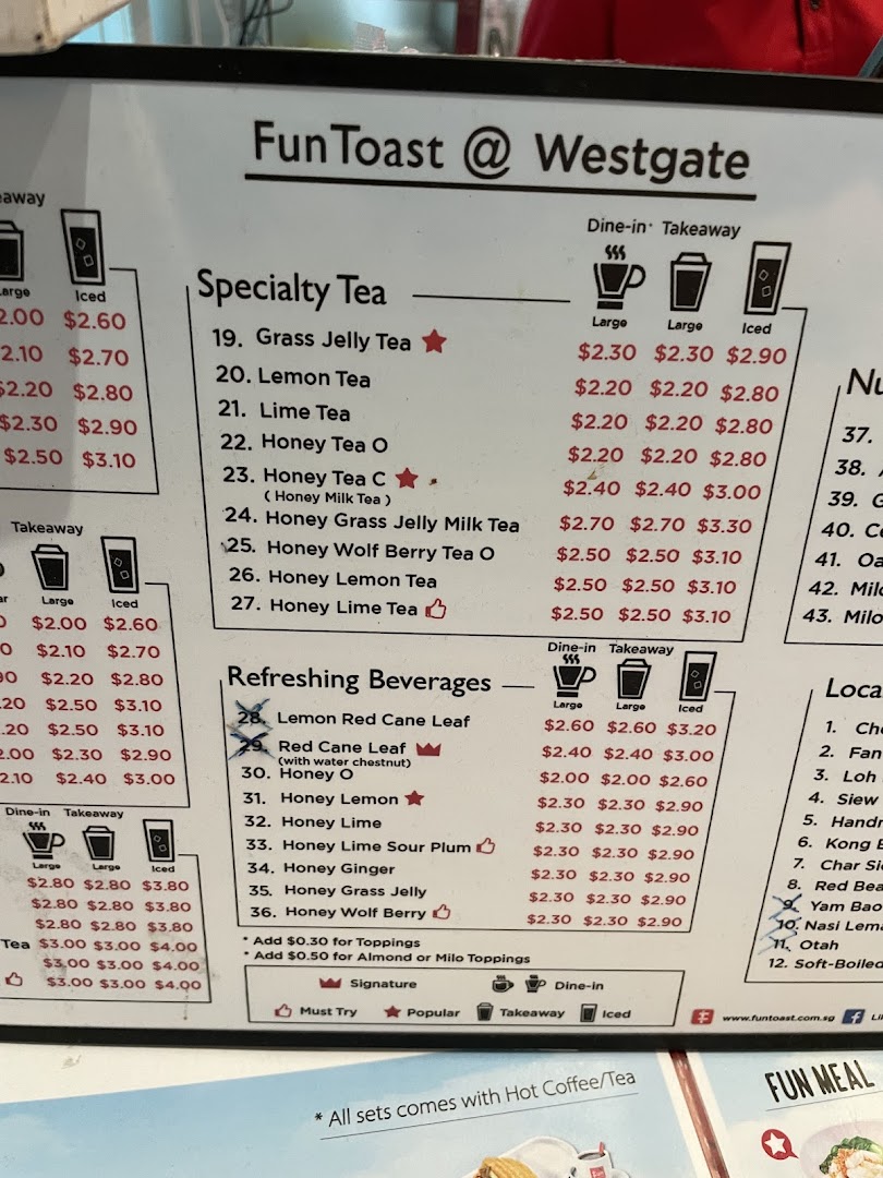 A detailed menu board from Fun Toast @ Westgate, showcasing specialty teas and refreshing beverages.