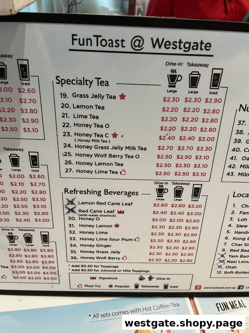 A detailed menu board from Fun Toast @ Westgate, showcasing specialty teas and refreshing beverages.