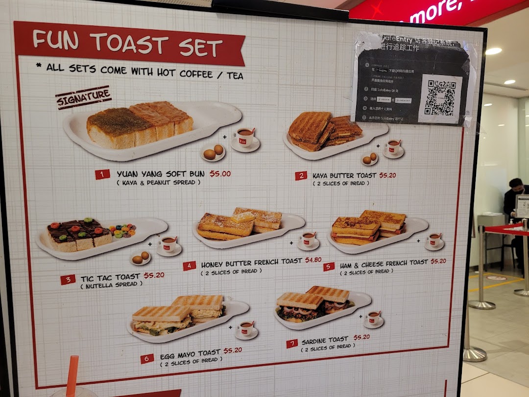 A detailed menu board showcasing various toast sets offered by Fun Toast, complete with images and prices.