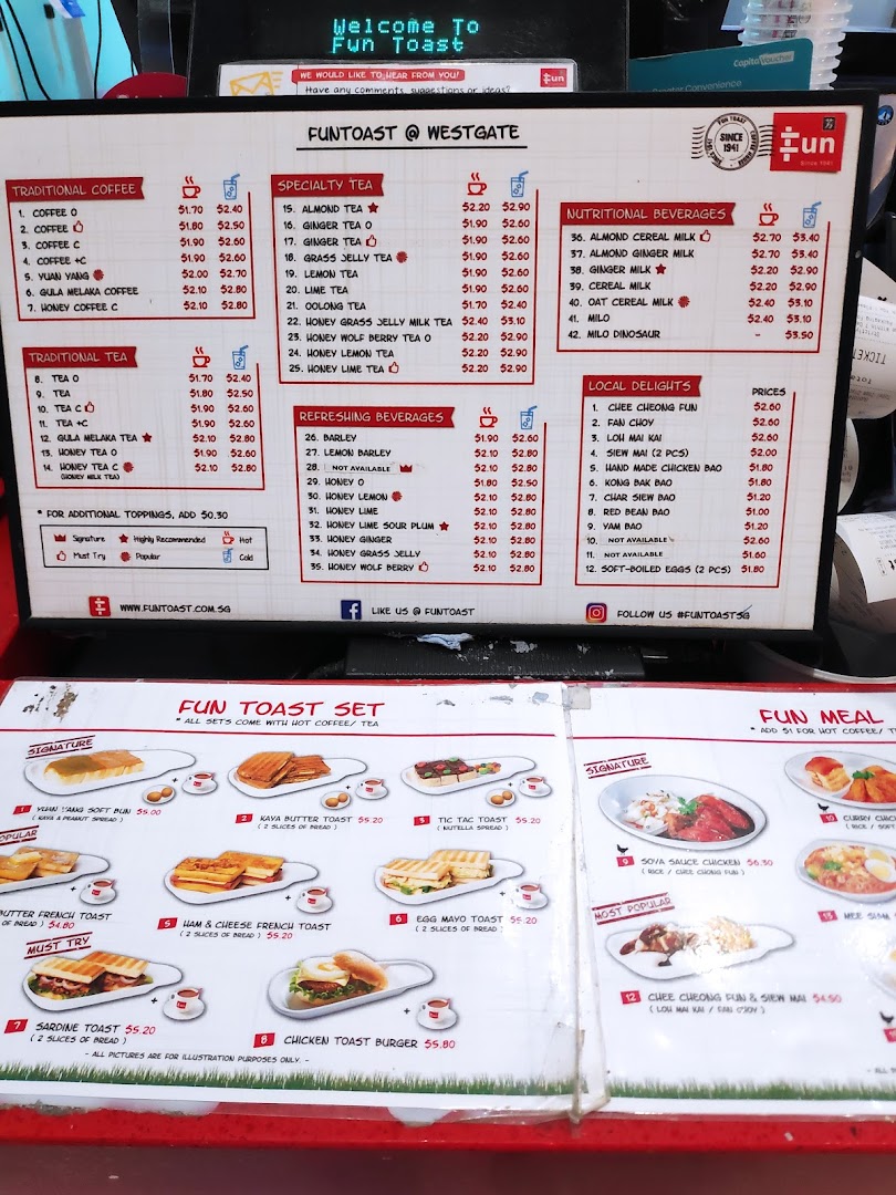 A comprehensive display of Fun Toast's menu, featuring beverages, toast sets, and local delights.