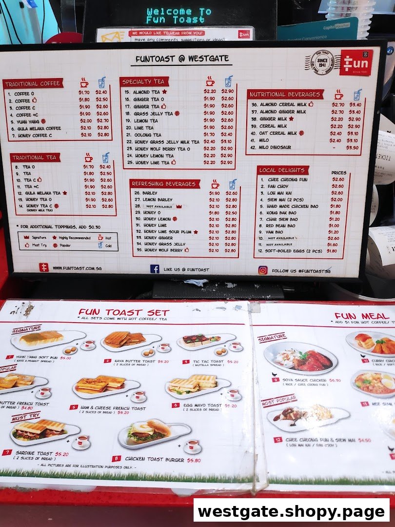 A comprehensive display of Fun Toast's menu, featuring beverages, toast sets, and local delights.