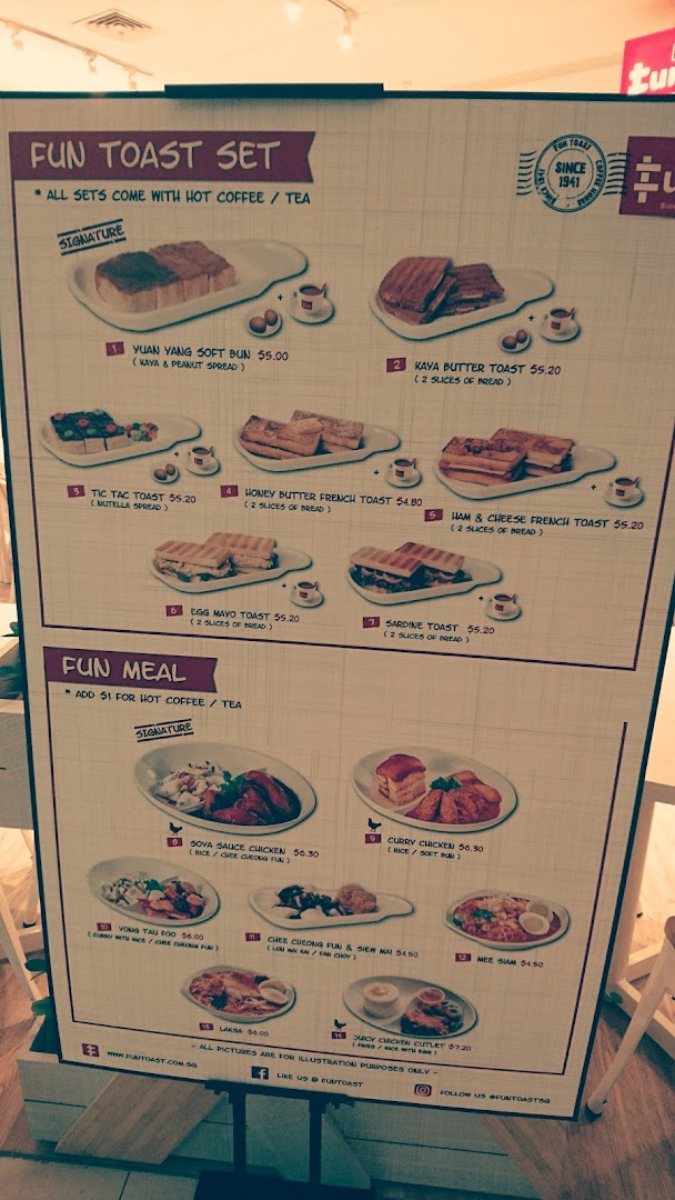 A detailed menu board for Fun Toast, showcasing various toast sets and local meals with prices.
