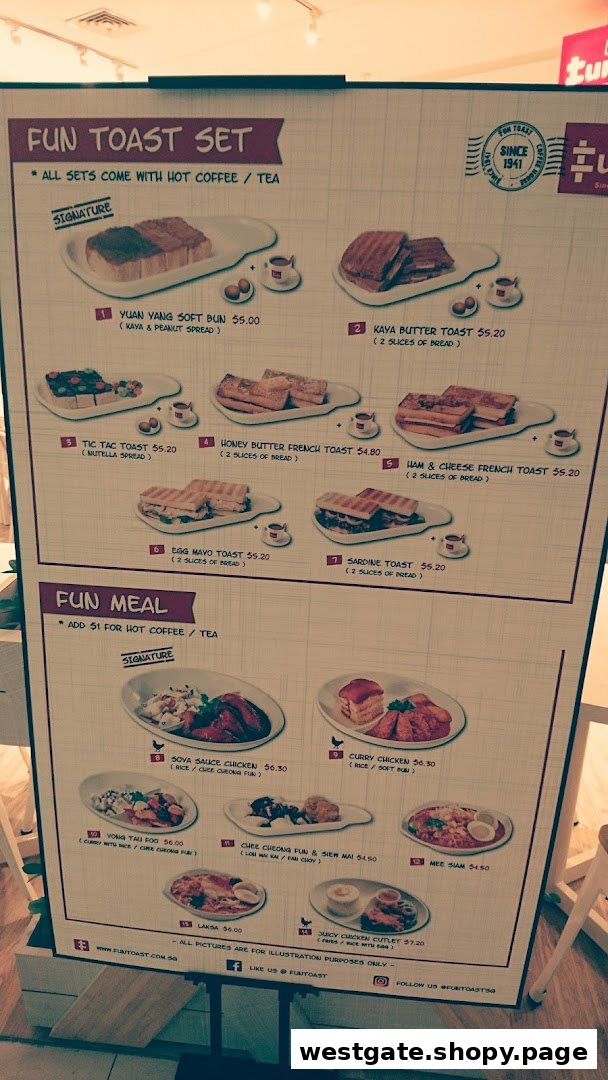 A detailed menu board for Fun Toast, showcasing various toast sets and local meals with prices.