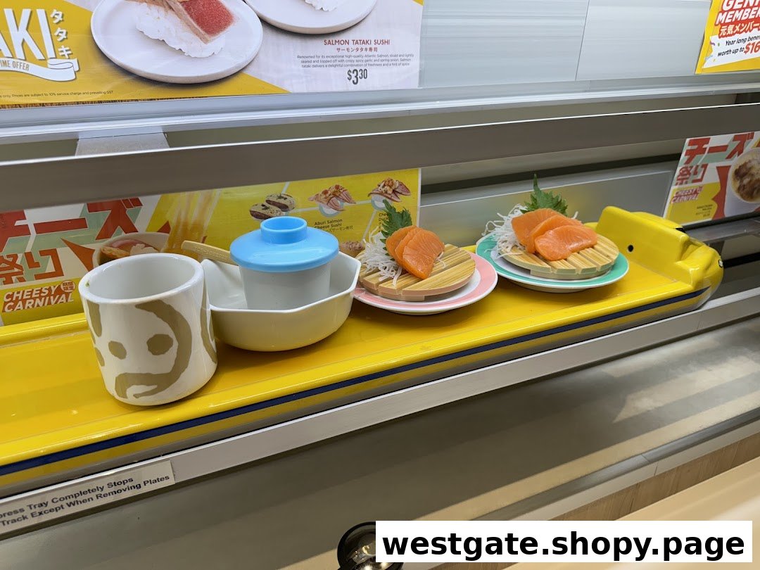 A vibrant view of Genki Sushi's conveyor belt, featuring fresh salmon sashimi and unique dining ware.