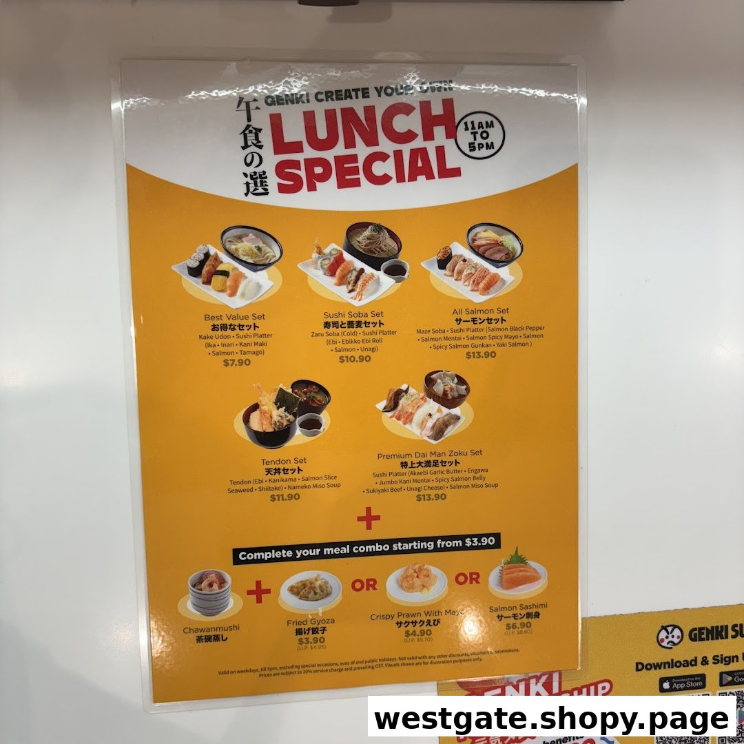 Genki Sushi's lunch special menu board featuring various sushi sets and combo options.