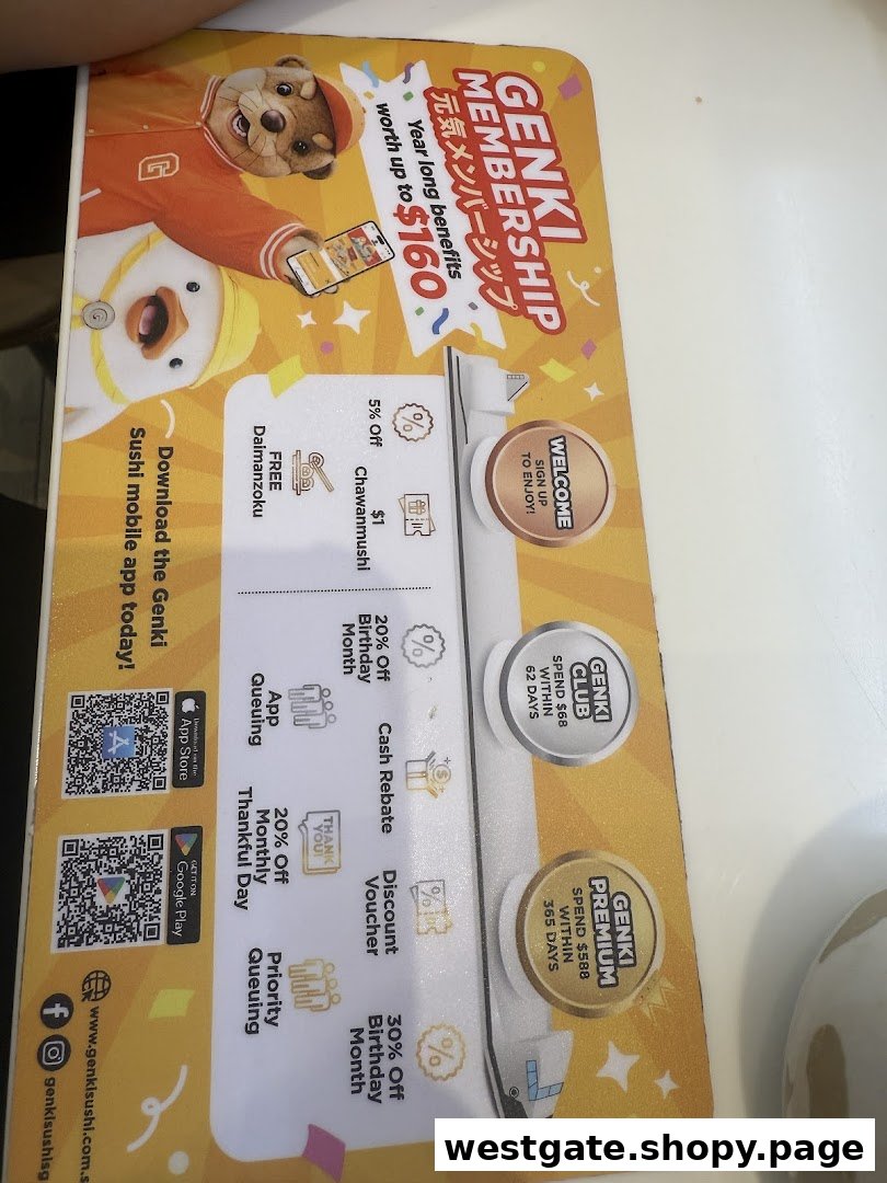 A Genki Sushi placemat detailing the benefits of their membership program and mobile app.