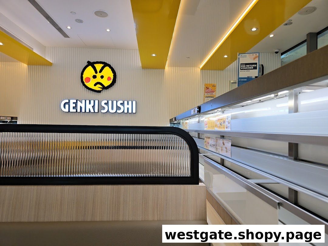 Interior view of Genki Sushi, showcasing its modern design, iconic logo, and the dynamic sushi conveyor belt.