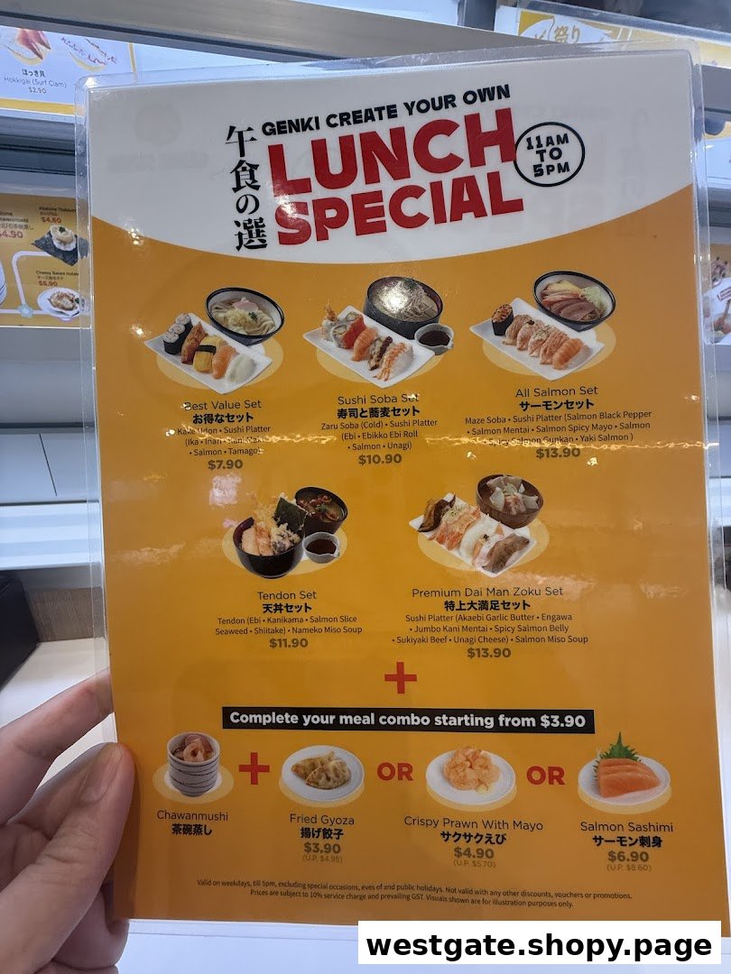 A close-up view of Genki Sushi's 'Lunch Special' menu board, featuring various sushi and noodle sets.