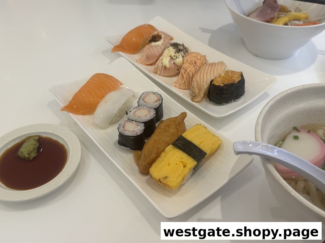 A table laden with various sushi plates, including salmon, maki, and tamago, alongside a bowl of noodles.