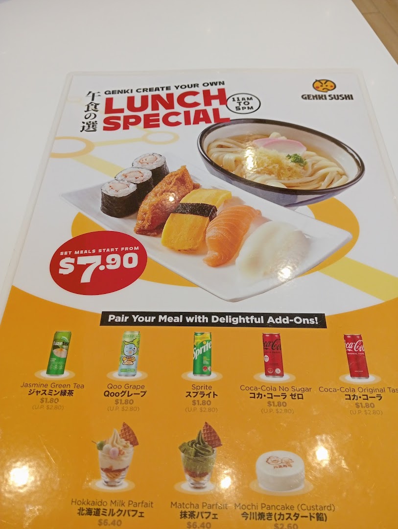 A menu displaying Genki Sushi's 'Create Your Own Lunch Special' with sushi, udon, drinks, and desserts.