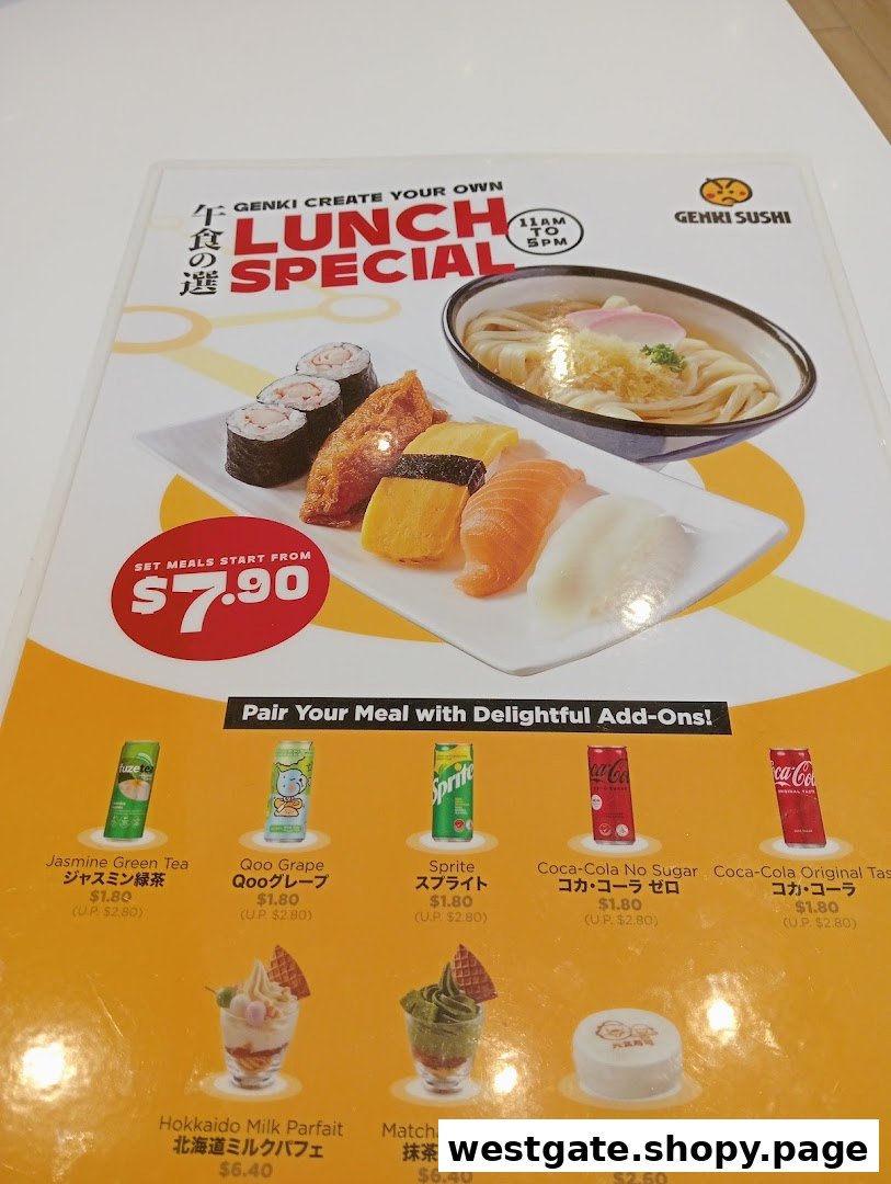 A menu displaying Genki Sushi's 'Create Your Own Lunch Special' with sushi, udon, drinks, and desserts.