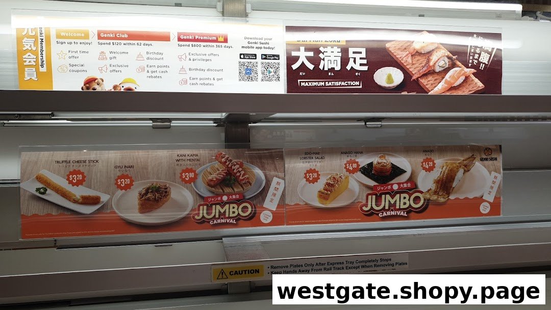 A display showcasing Genki Sushi's special menu items, prices, and membership benefits within the restaurant.