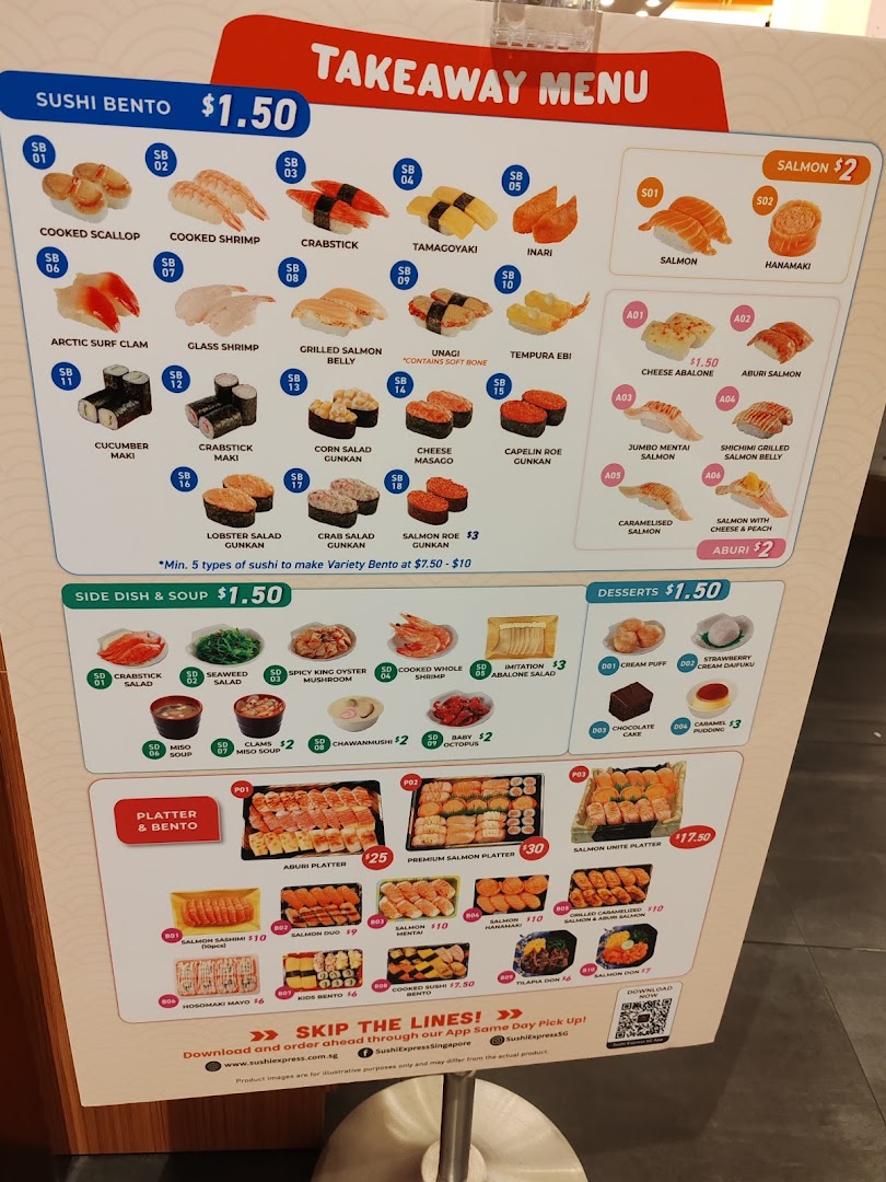 A vibrant takeaway menu board displaying various sushi, side dishes, desserts, and platters.