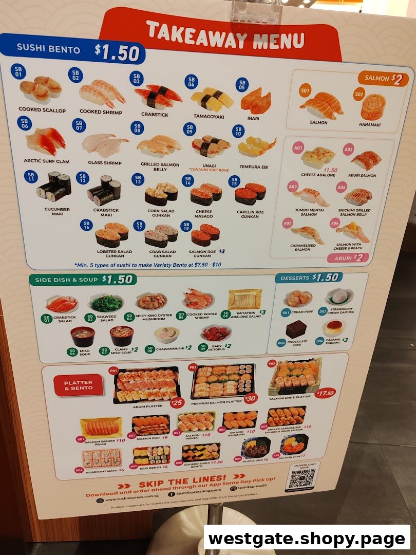 A vibrant takeaway menu board displaying various sushi, side dishes, desserts, and platters.