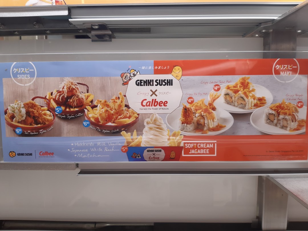 A menu board from Genki Sushi showcasing crispy sides, maki rolls, and soft serve desserts.