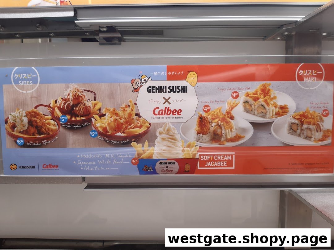 A menu board from Genki Sushi showcasing crispy sides, maki rolls, and soft serve desserts.