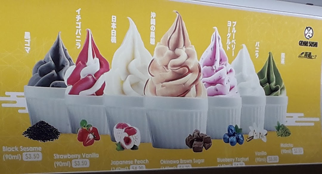 A vibrant display board showcasing various soft-serve ice cream flavors with their names and prices.