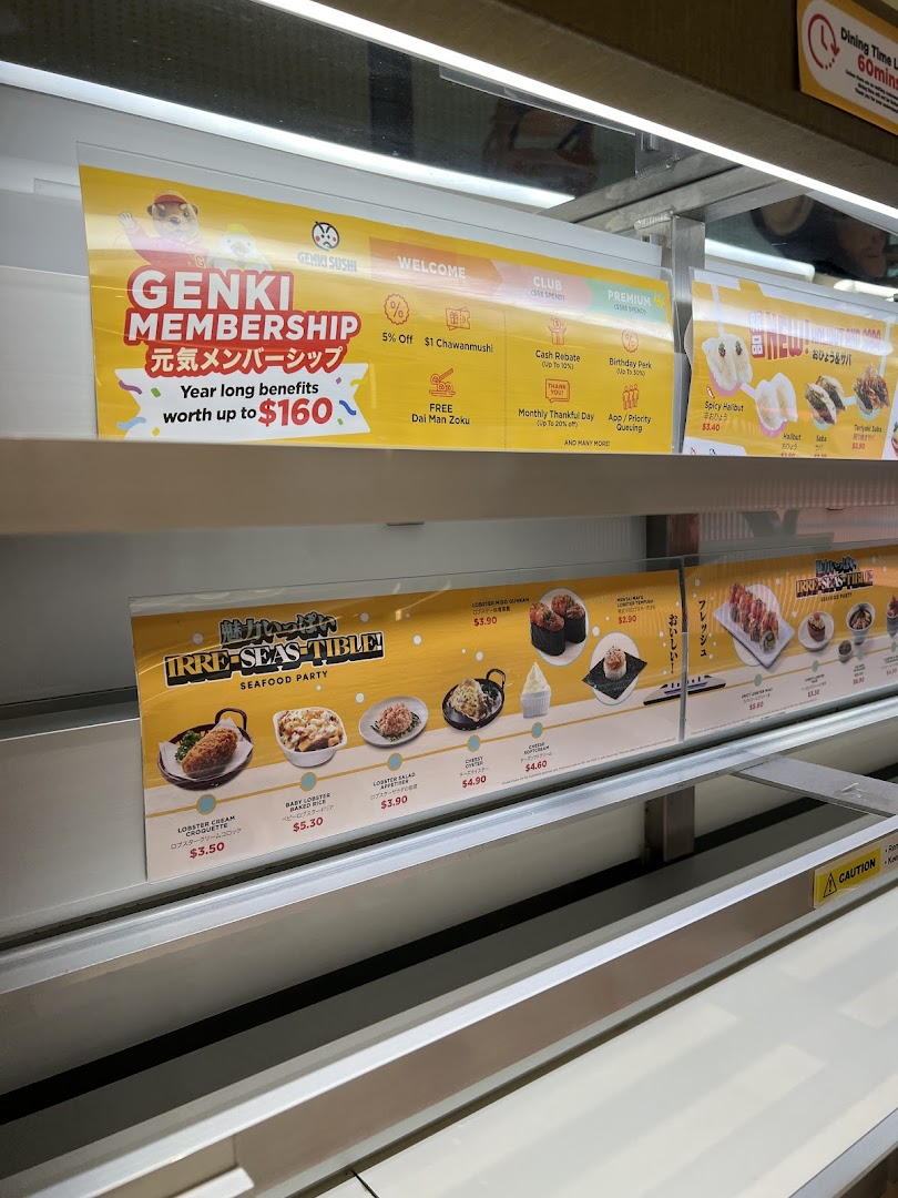 A vibrant display of Genki Sushi's menu items and membership benefits, showcasing fresh seafood and special offers.