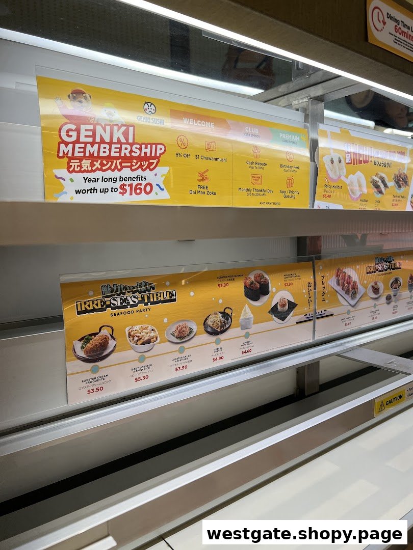 A vibrant display of Genki Sushi's menu items and membership benefits, showcasing fresh seafood and special offers.