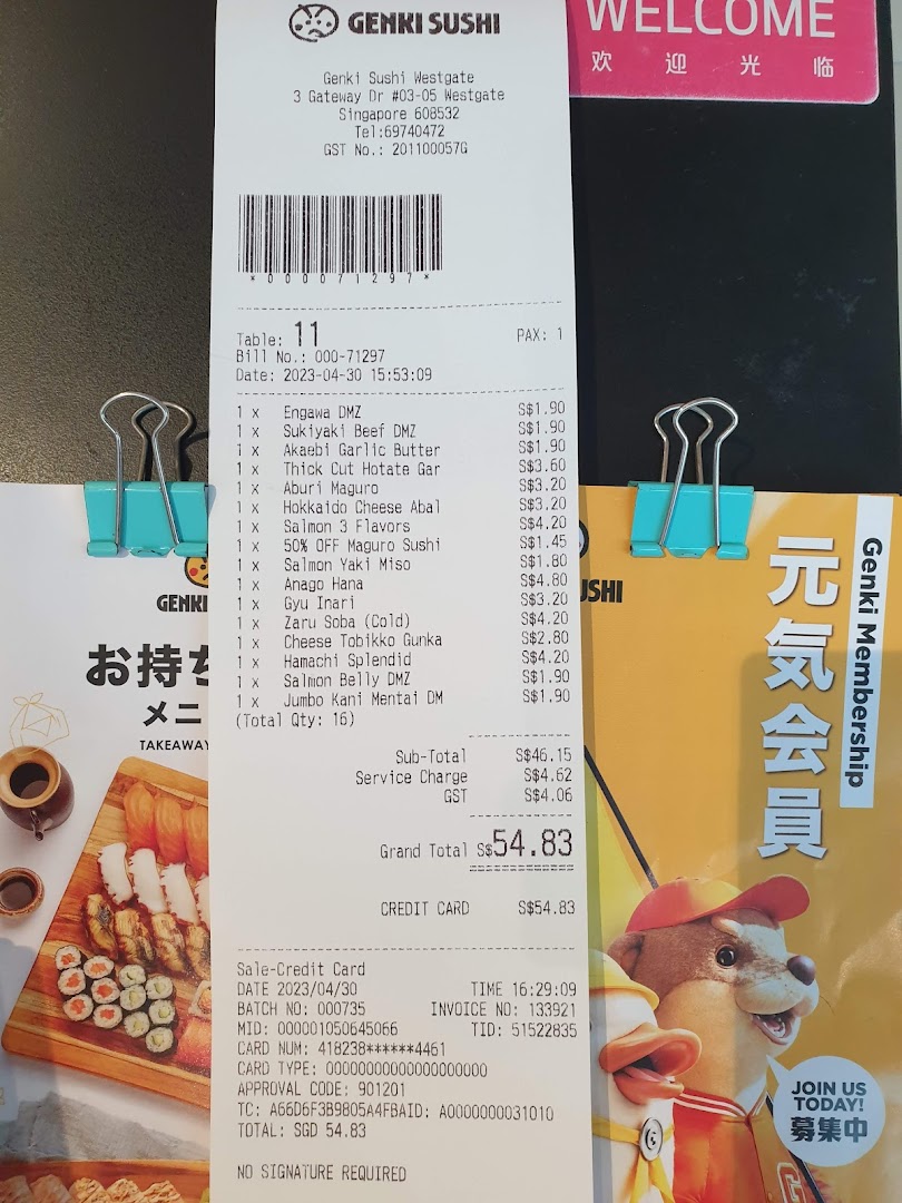 A detailed Genki Sushi receipt from Westgate, itemizing various sushi and Japanese dishes with prices.