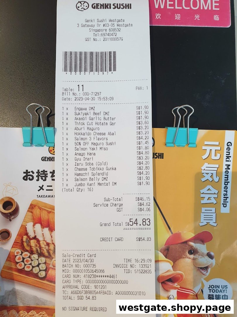 A detailed Genki Sushi receipt from Westgate, itemizing various sushi and Japanese dishes with prices.