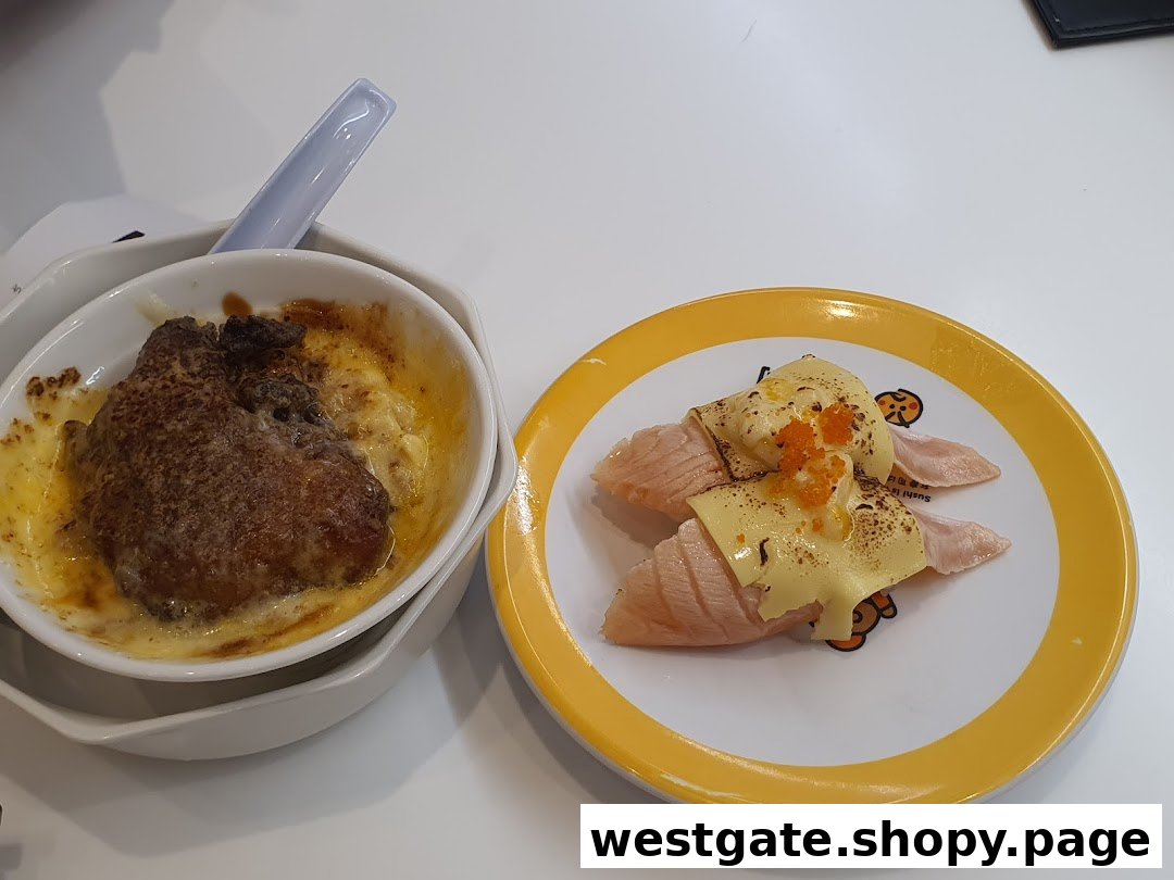 A close-up of two delicious dishes: baked chicken gratin and torched salmon sushi with cheese and roe.