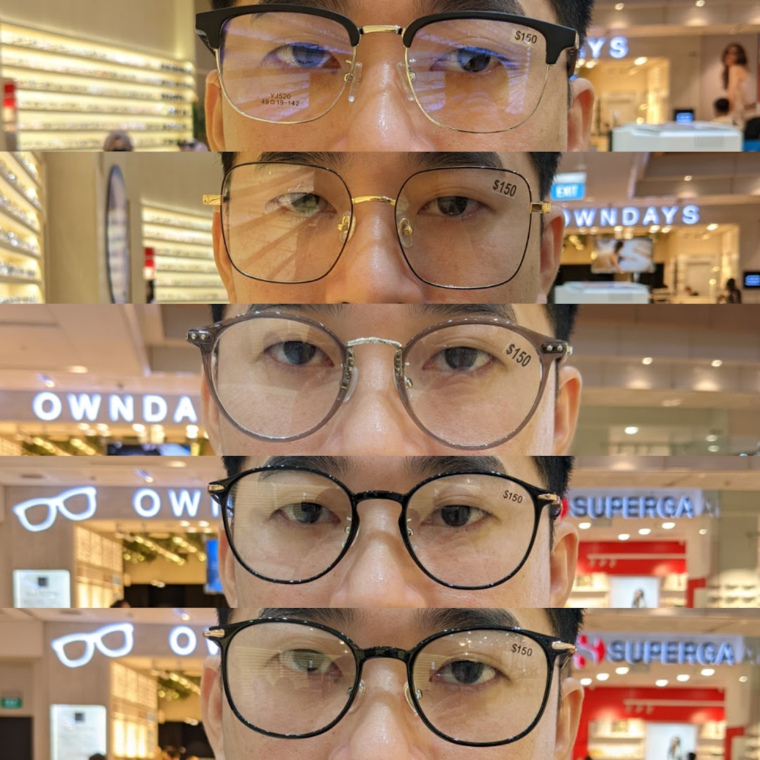 A person's face trying on five different pairs of eyeglasses, showcasing various styles and prices.