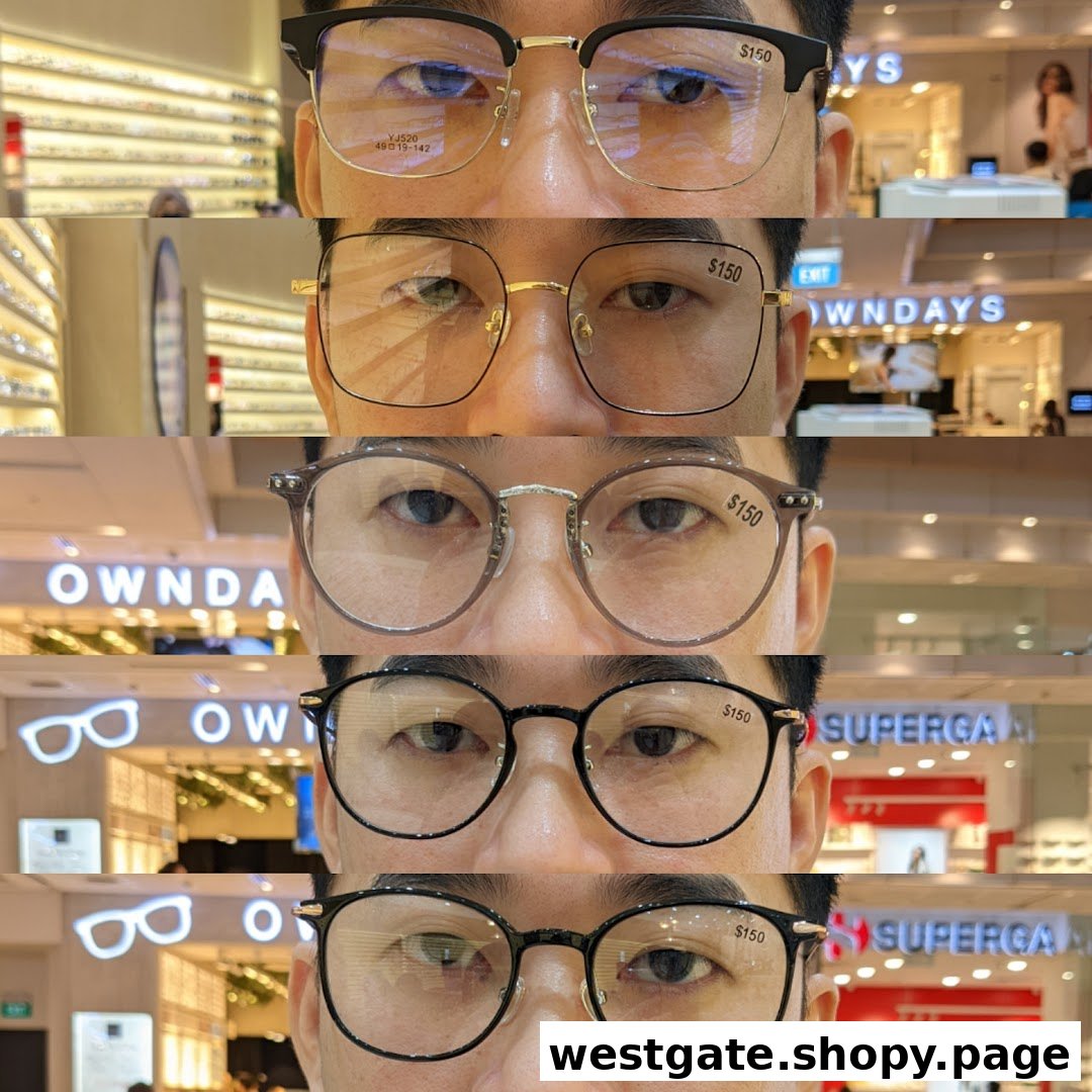 A person's face trying on five different pairs of eyeglasses, showcasing various styles and prices.