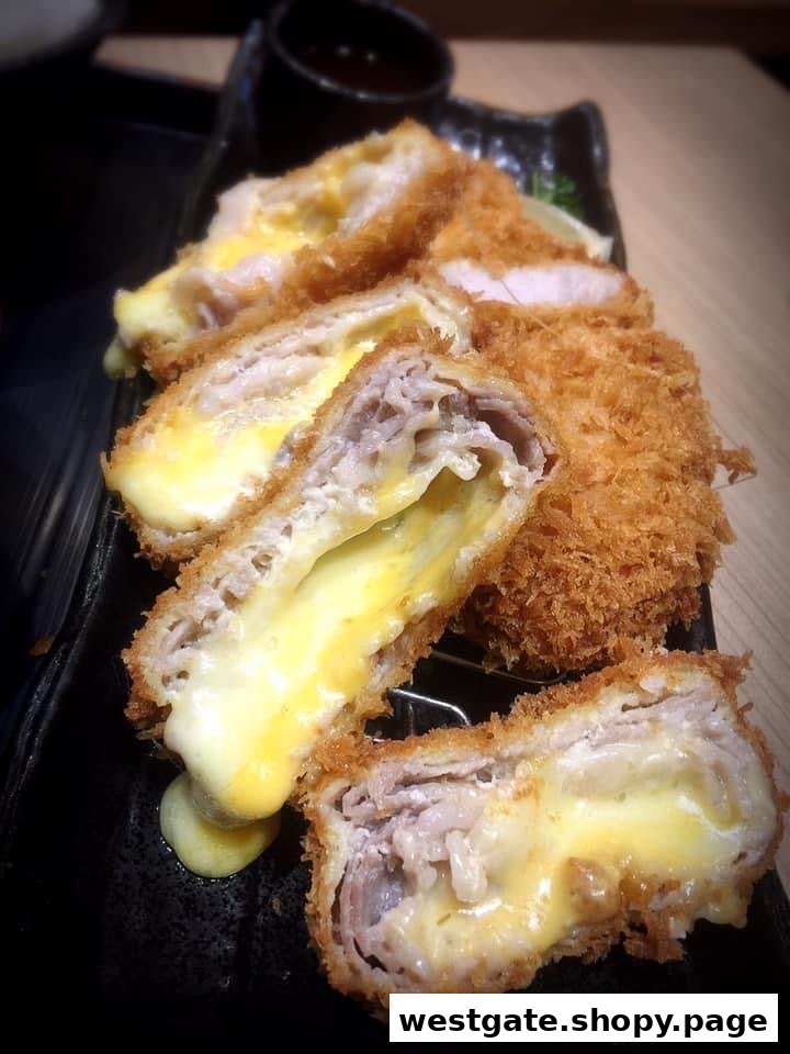 Close-up of crispy, golden-brown katsu filled with gooey melted cheese, served on a black plate.