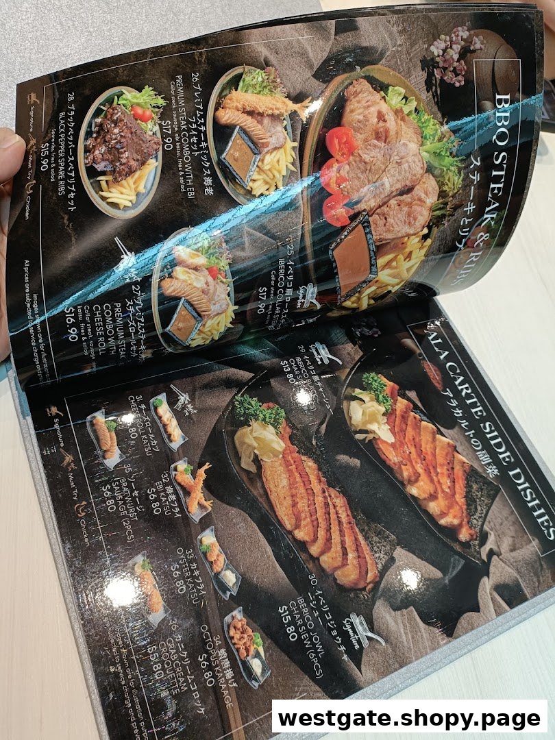 A close-up view of a restaurant menu displaying various steak, ribs, and side dishes.