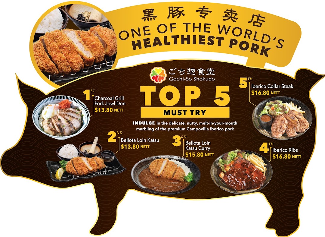 A promotional image showcasing Gochi-So Shokudo's 'Top 5 Must Try' premium Iberico pork dishes with prices.
