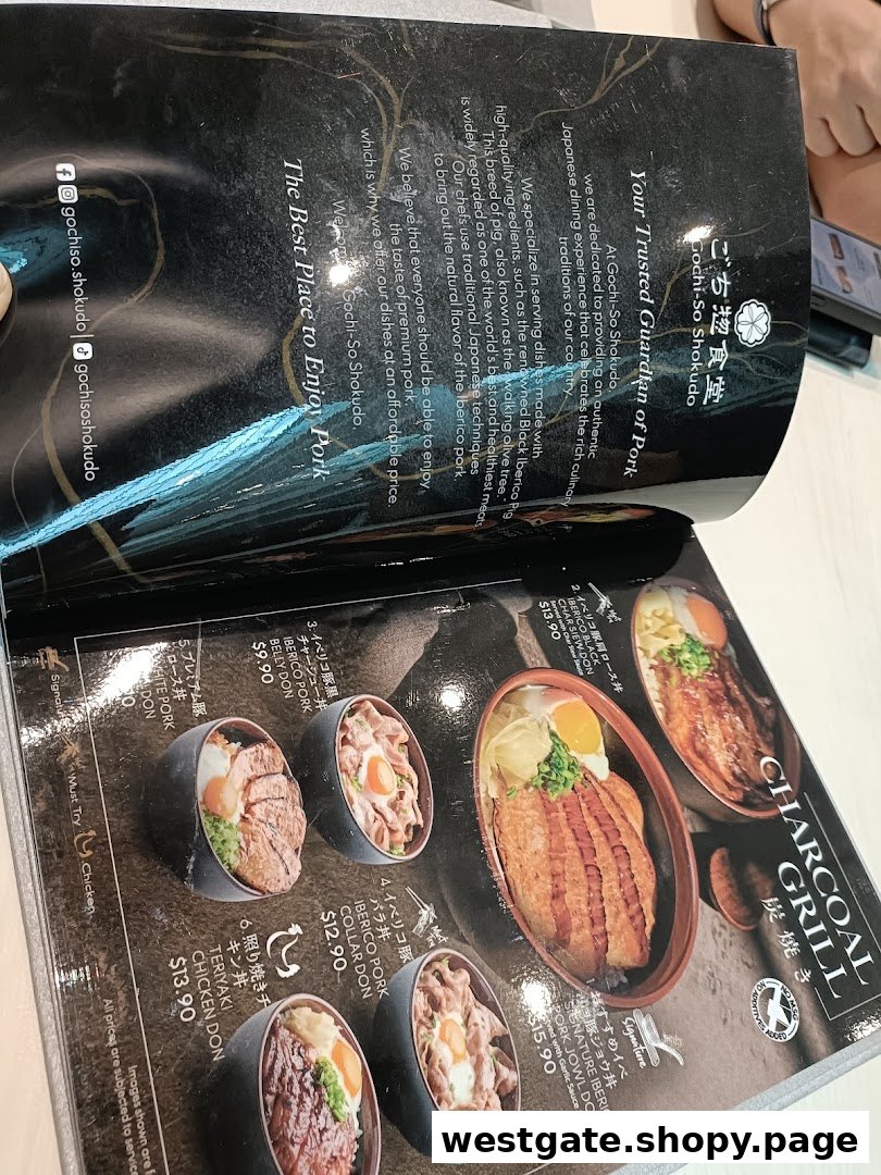 A menu page from Gochi-So Shokudo showcasing various Japanese rice bowls, including Iberico pork and chicken dishes.